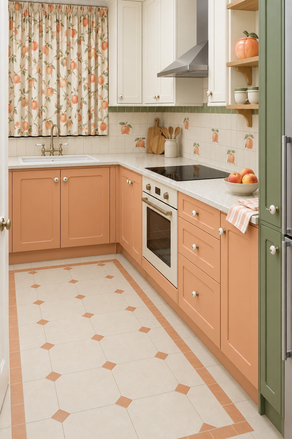 Peach lower cabinets, cream cupboards, peach fruit tiles, floral fruit curtains, and an olive green tall cabinet