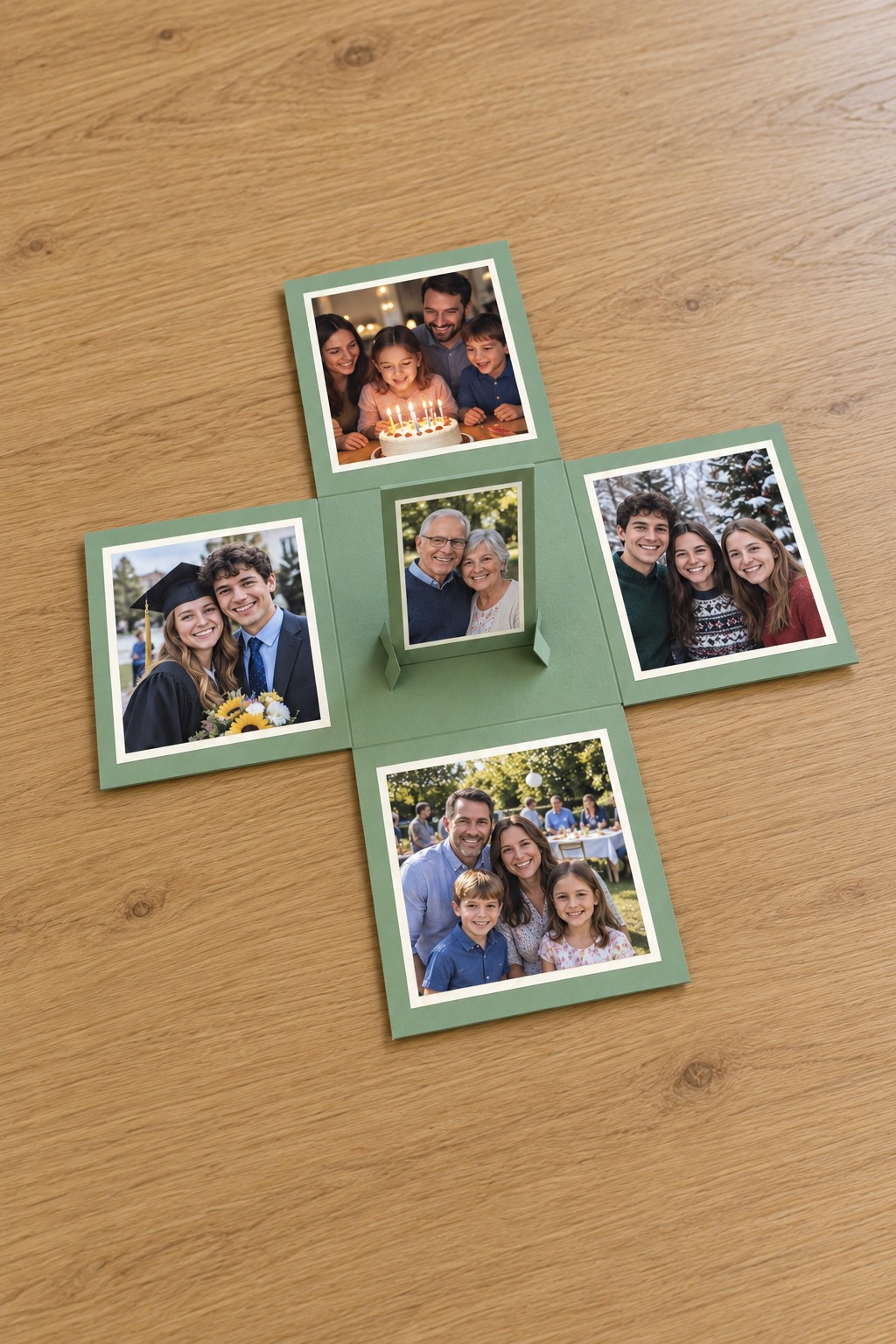 Green photo box opened flat with four picture flaps around a central standing portrait