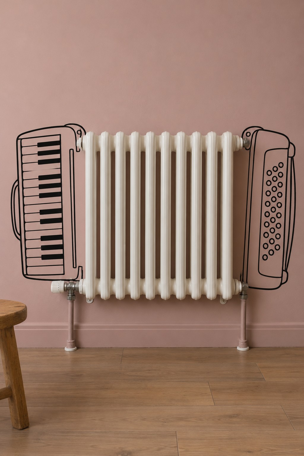 White column radiator between painted accordion keys and buttons on a dusty pink wall
