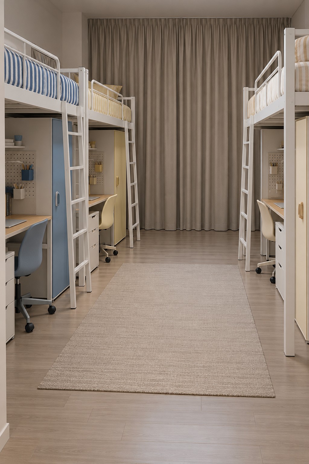 Three white metal loft beds with striped bedding, pastel cabinets, and pegboard study areas below