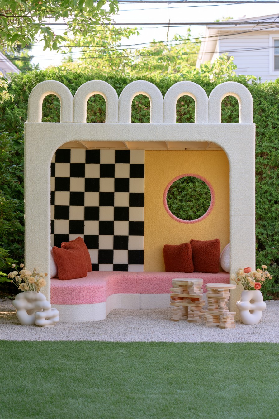 Cream arch-trimmed facade with checkerboard and yellow walls above pink seating
