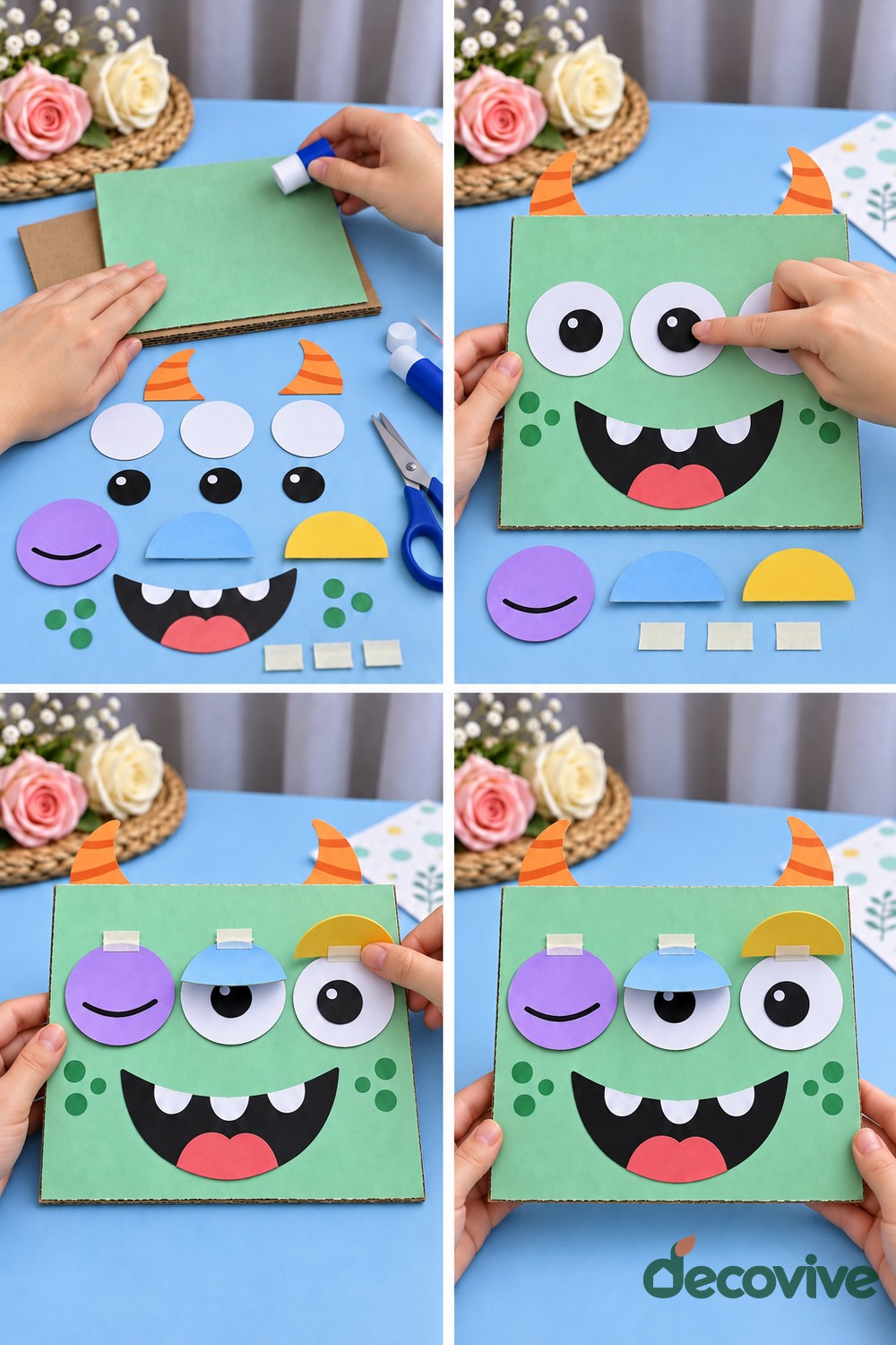 Making sequence for a cardboard monster face with lifting eyelids