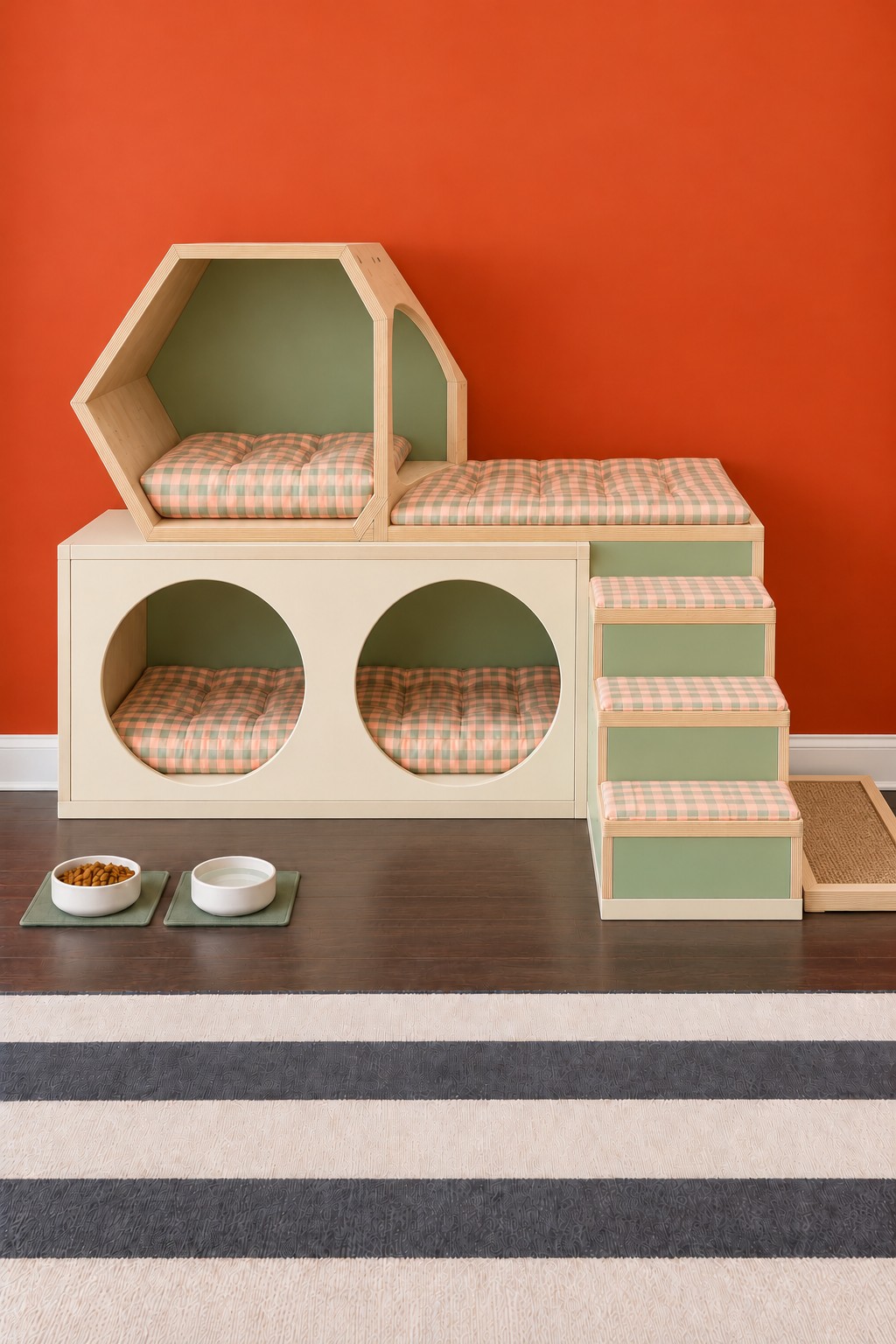 Sage cat bench with two circular openings, a hexagonal hut, checked lounge, and side steps