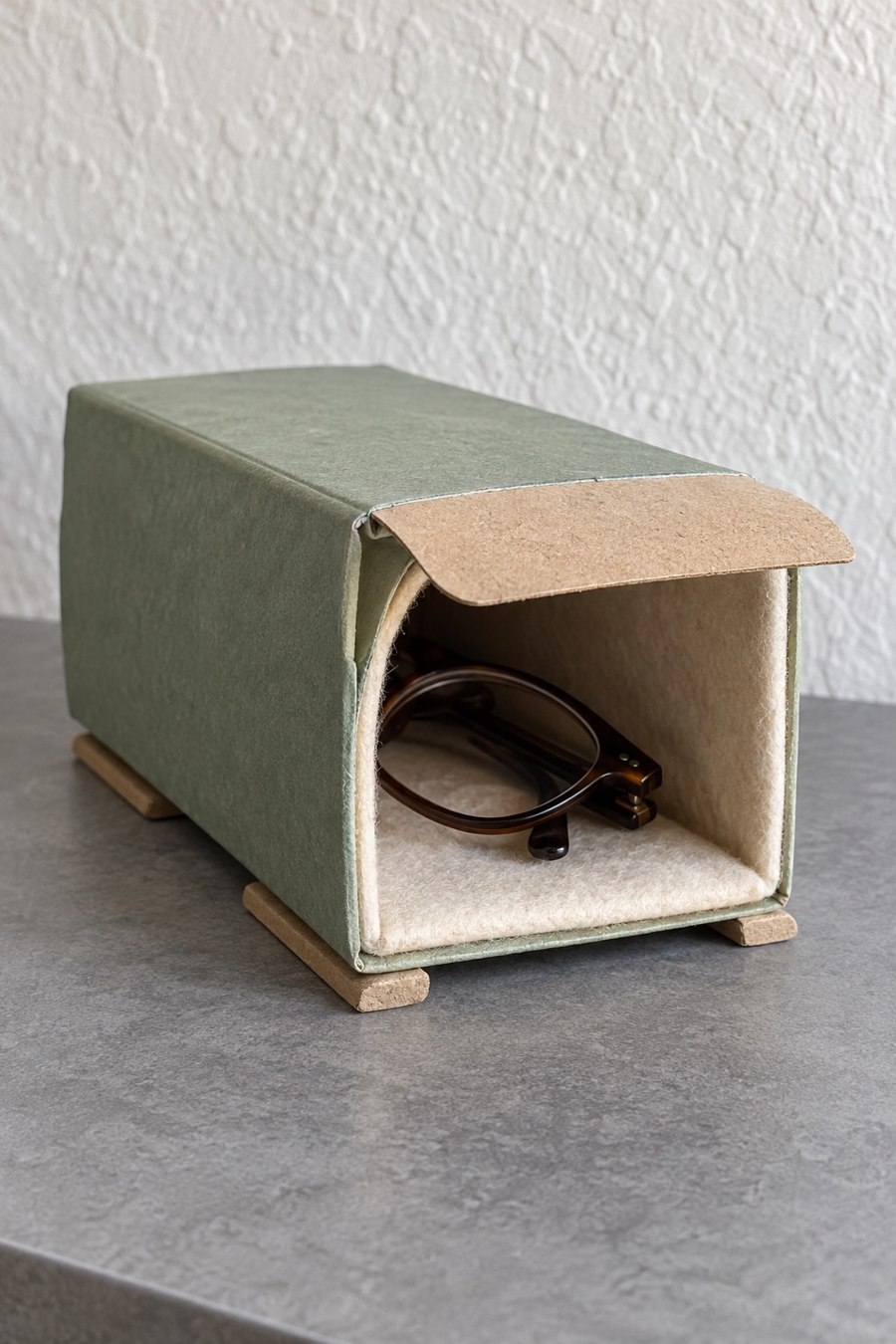 A sage green rectangular shelter with a lifting flap and glasses inside