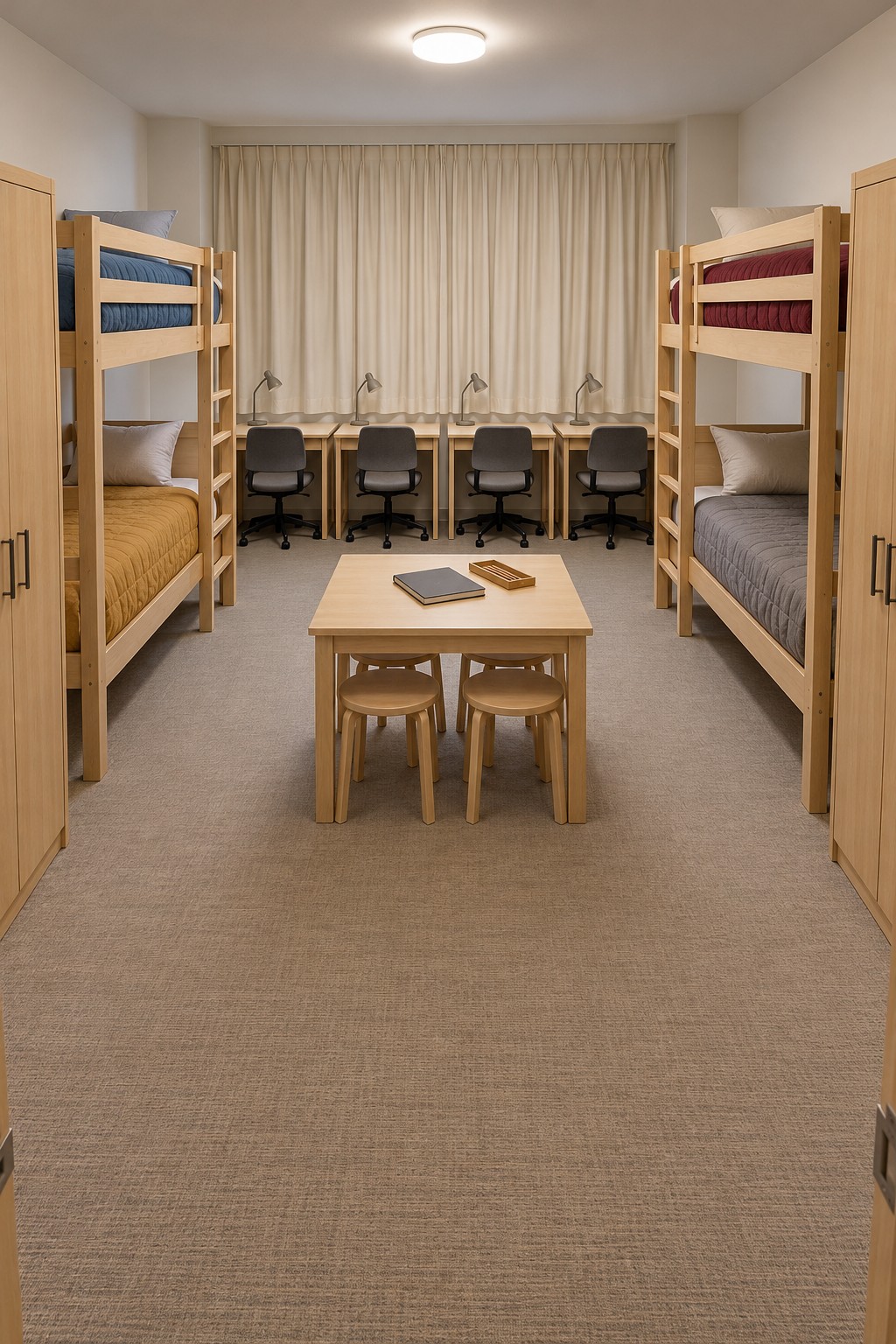 Two wooden bunk beds with mixed muted bedding, four rear desks, and a small center table with stools
