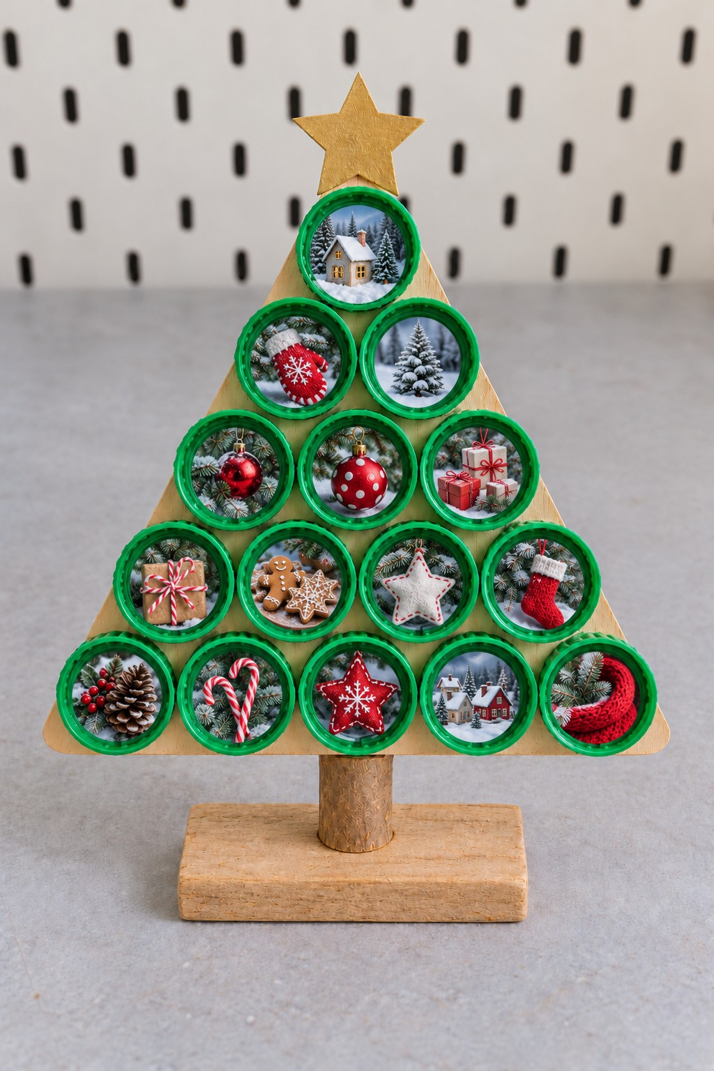Wooden tabletop Christmas tree with fifteen green caps containing holiday photos, a gold star, and a cylindrical wooden trunk