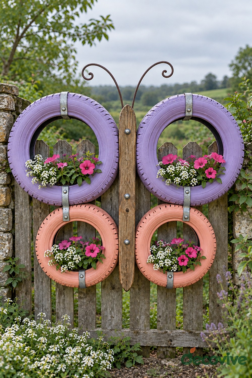 Butterfly garden display with two large lavender tire wings, two smaller peach tire wings, a wooden body, and curved metal antennae