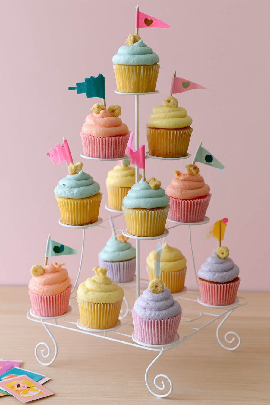 Pastel birthday wire cupcake stand on a dessert table