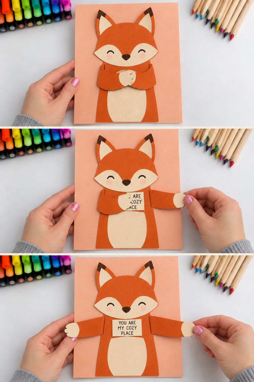 Three views of an orange paper fox opening its folded arms to reveal You Are My Cozy Place on its chest