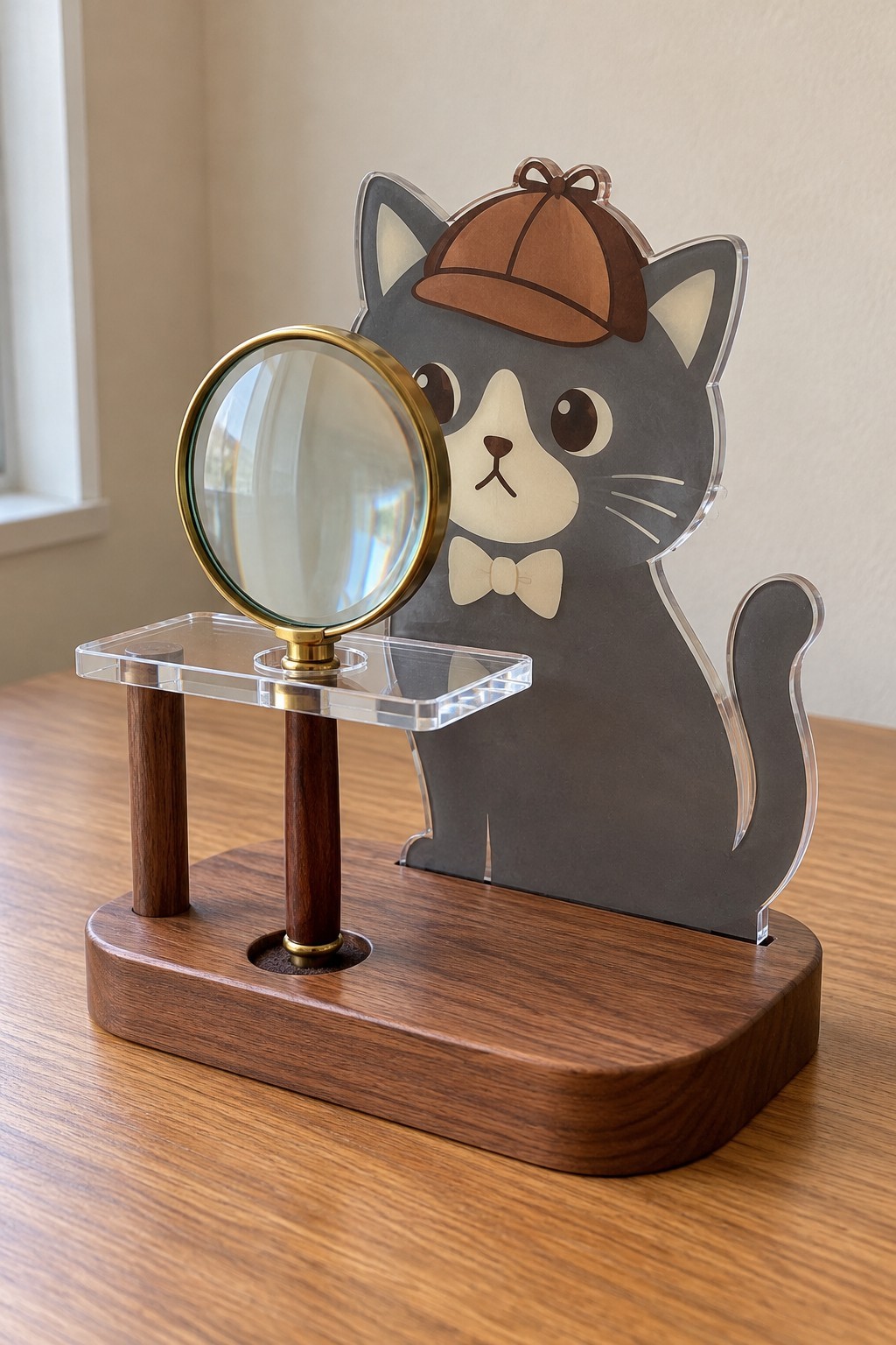 Detective cat acrylic magnifying glass rest with a raised clear shelf and walnut base