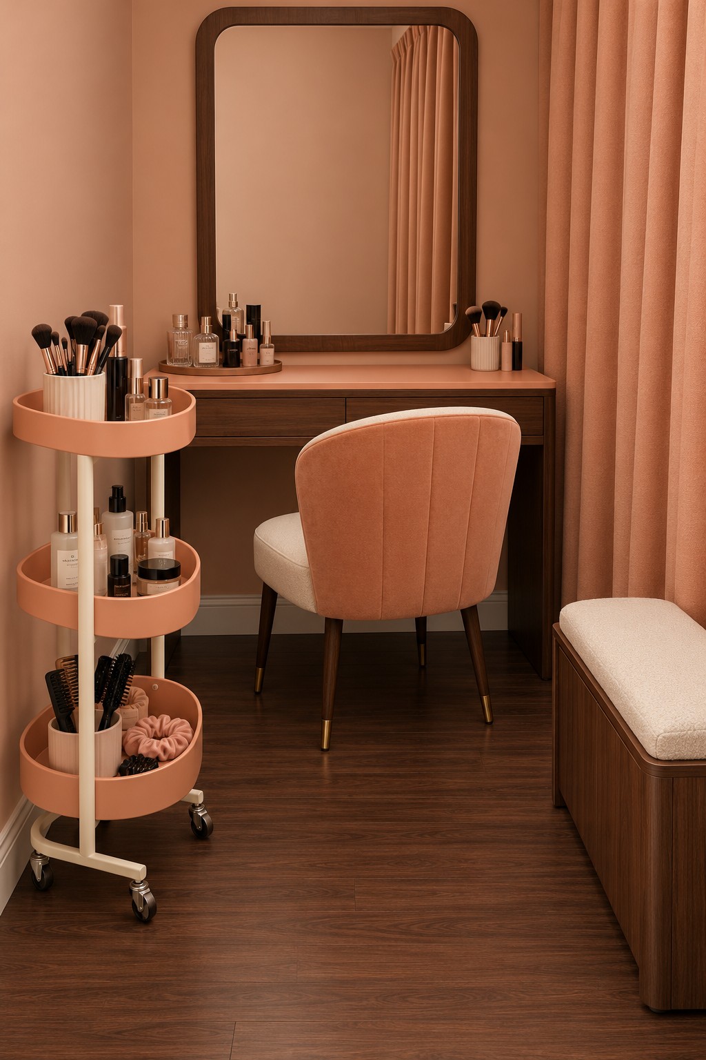 Apricot vanity corner with a wooden desk, peach chair, three tier round cart, and upholstered storage bench