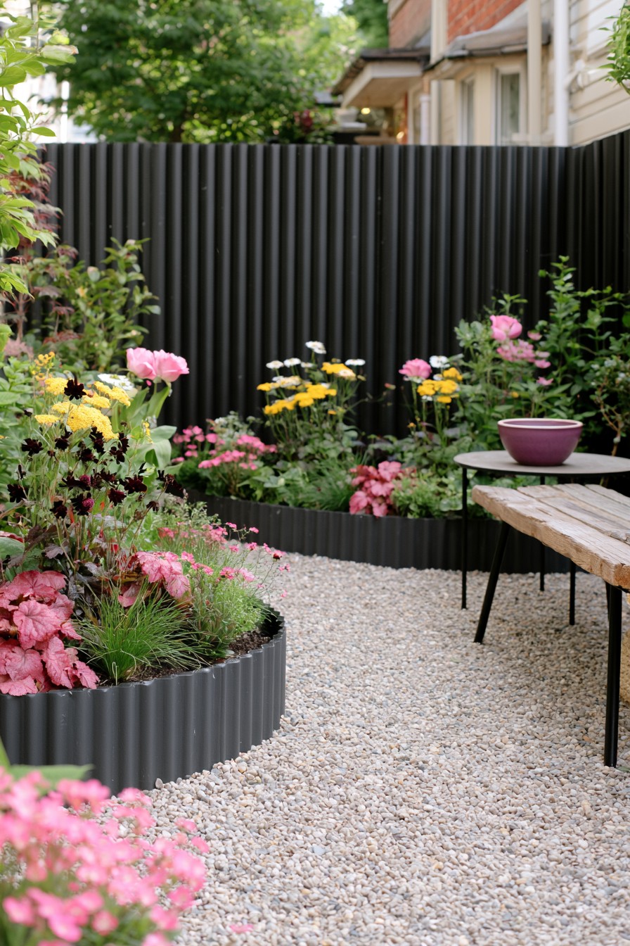 Gothic garden with dark corrugated planters and privacy screen