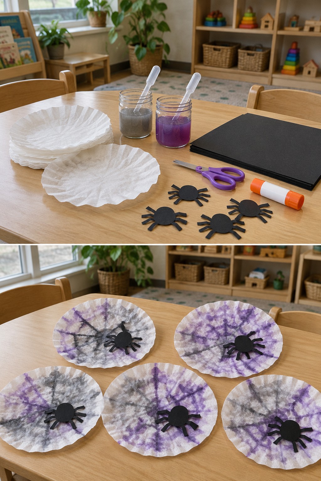 Coffee filters and watercolor above purple-gray web paintings topped with black paper spiders