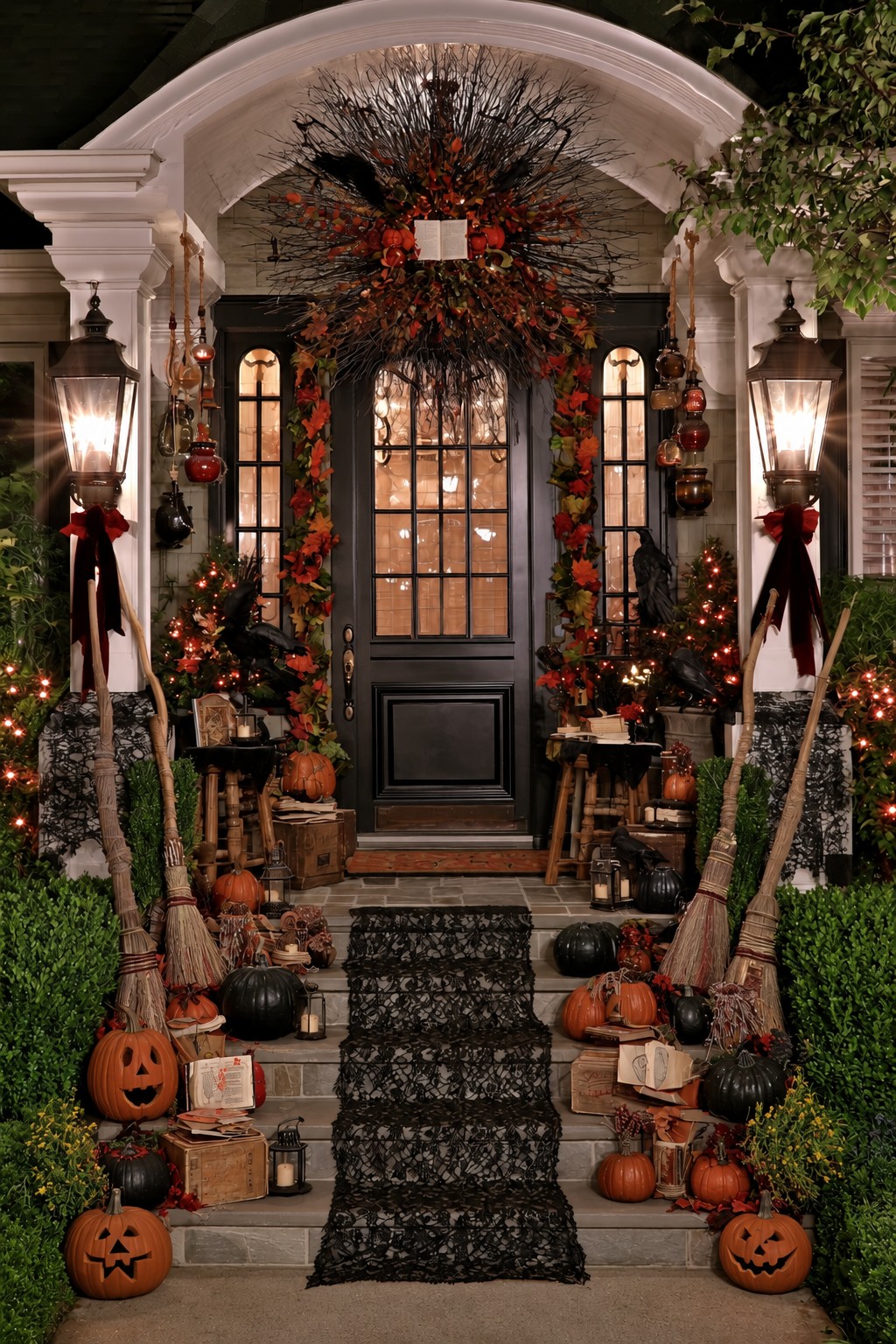 Witchy front porch with broomsticks, books, ravens, and a black lace stair runner