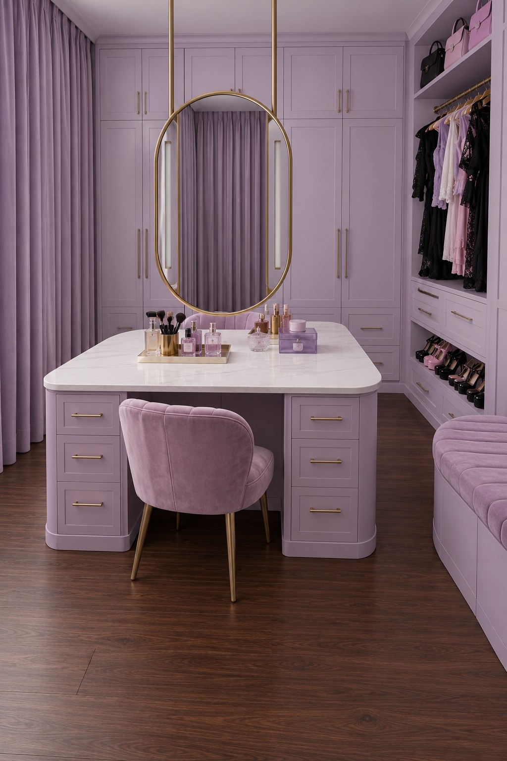 Lavender dressing island with a white top, suspended oval mirror, upholstered chair, and matching wardrobes