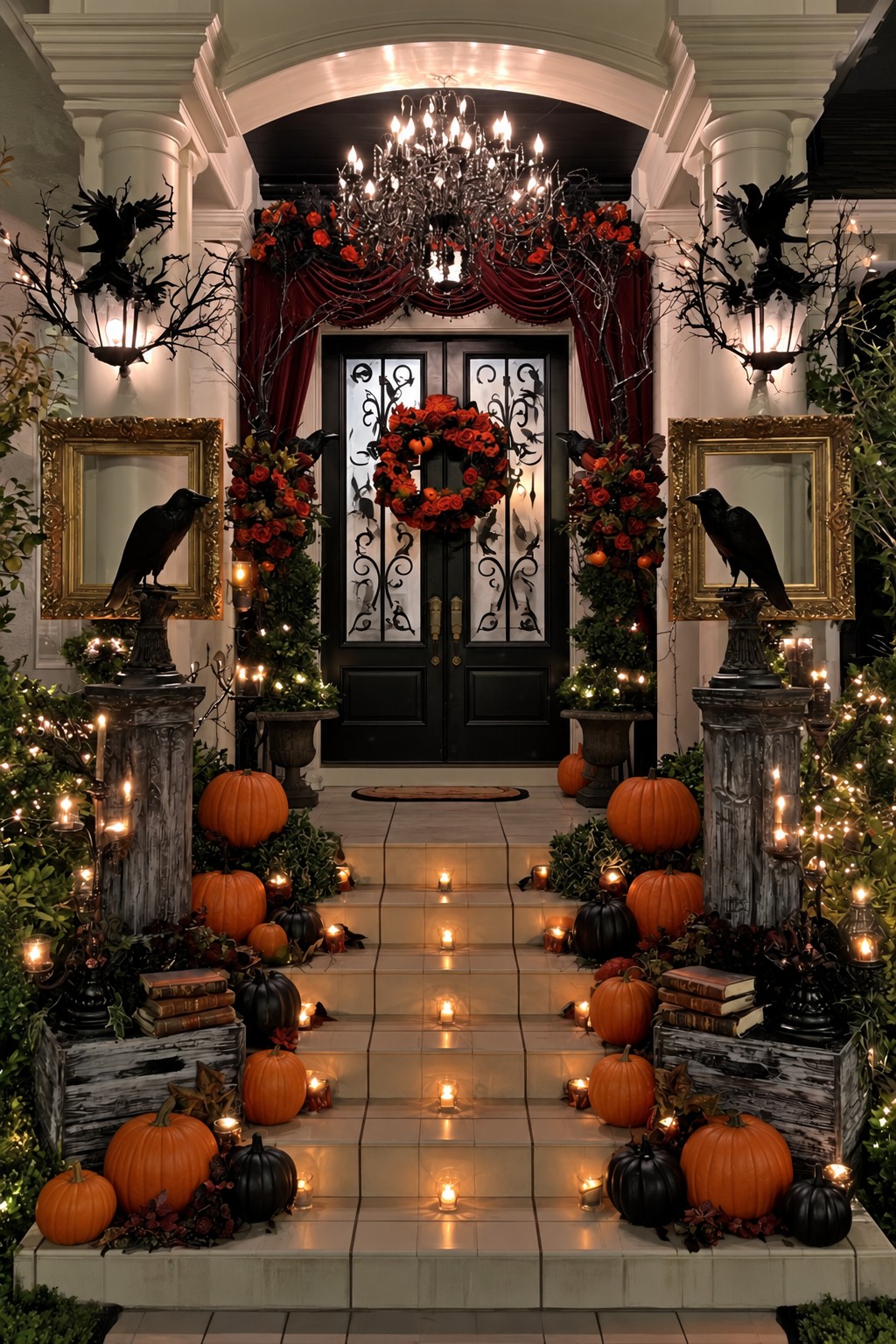 Raven figures on pedestals in front of gold frames with burgundy flowers and orange pumpkins