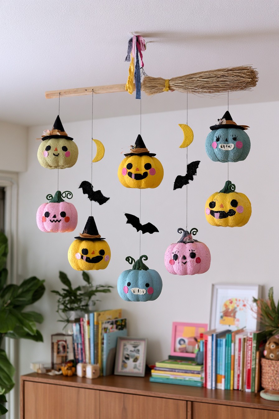 Eight pastel pumpkin characters, black bats, and yellow moons hanging from a broom