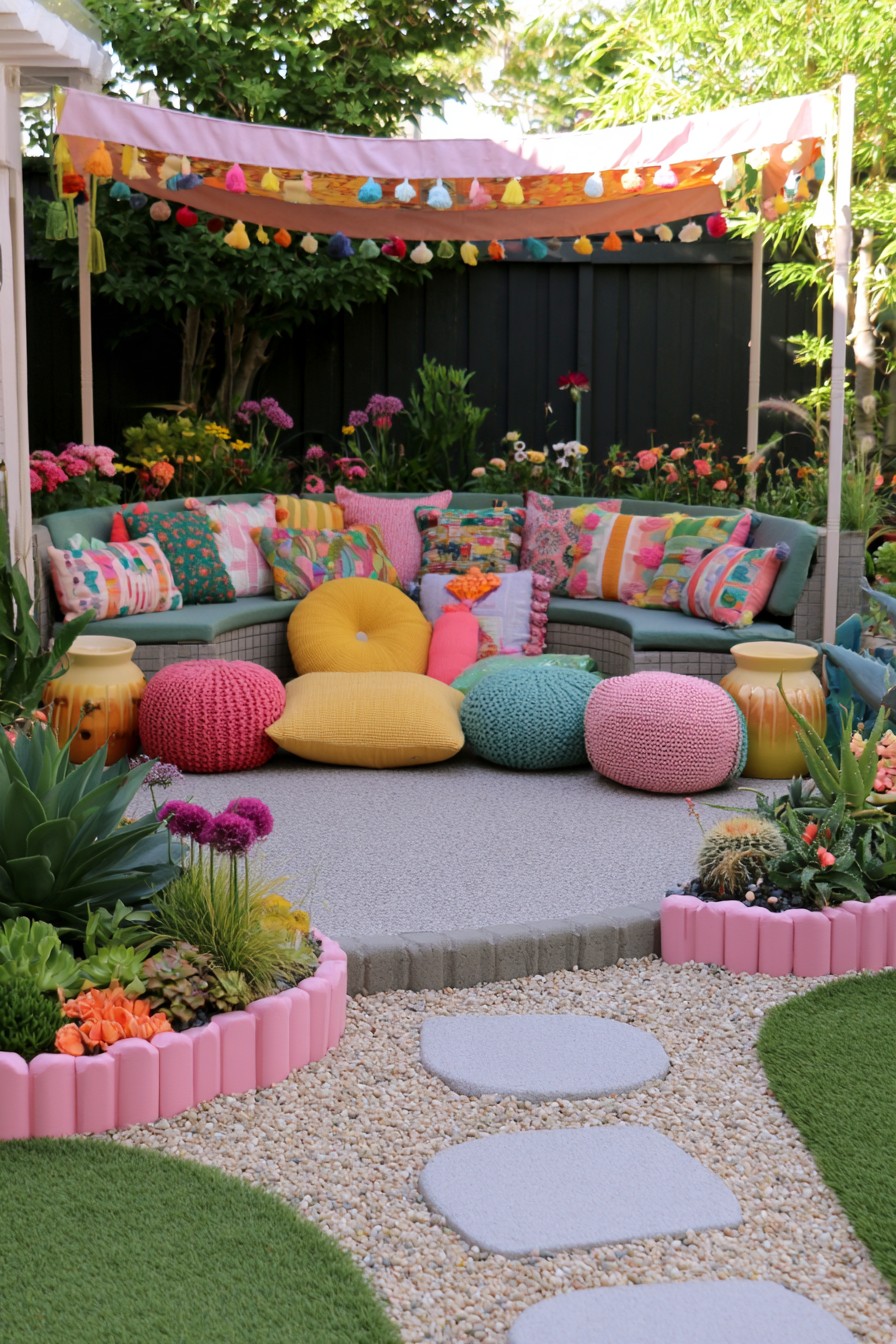 Eclectic bohemian garden lounge with raised succulent borders