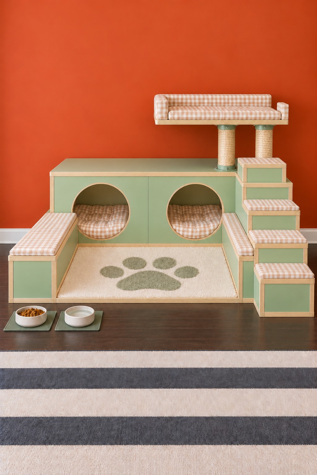 Sage cat courtyard with a paw patterned mat, two circular dens, gingham benches, and a raised bed