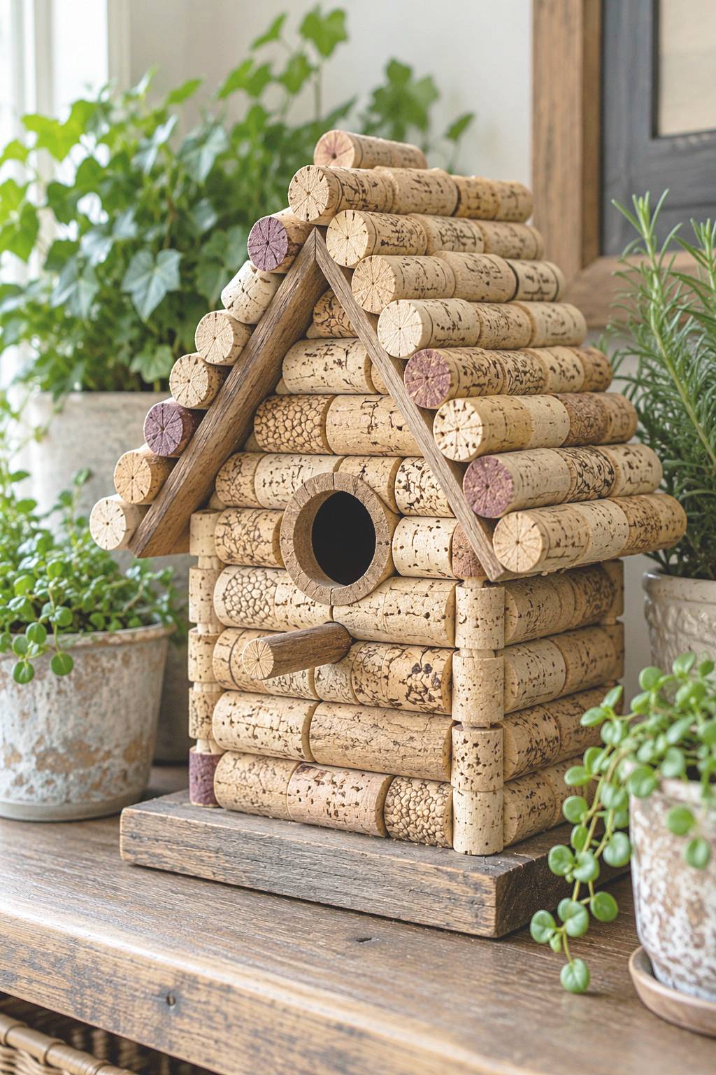 Decorative cork birdhouse with a pitched roof and wood base