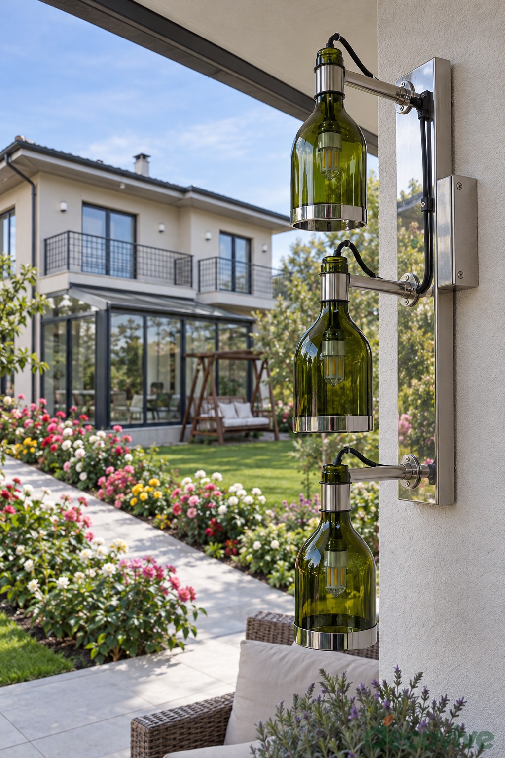 Three green wine bottle wall lamps mounted on stainless steel arms