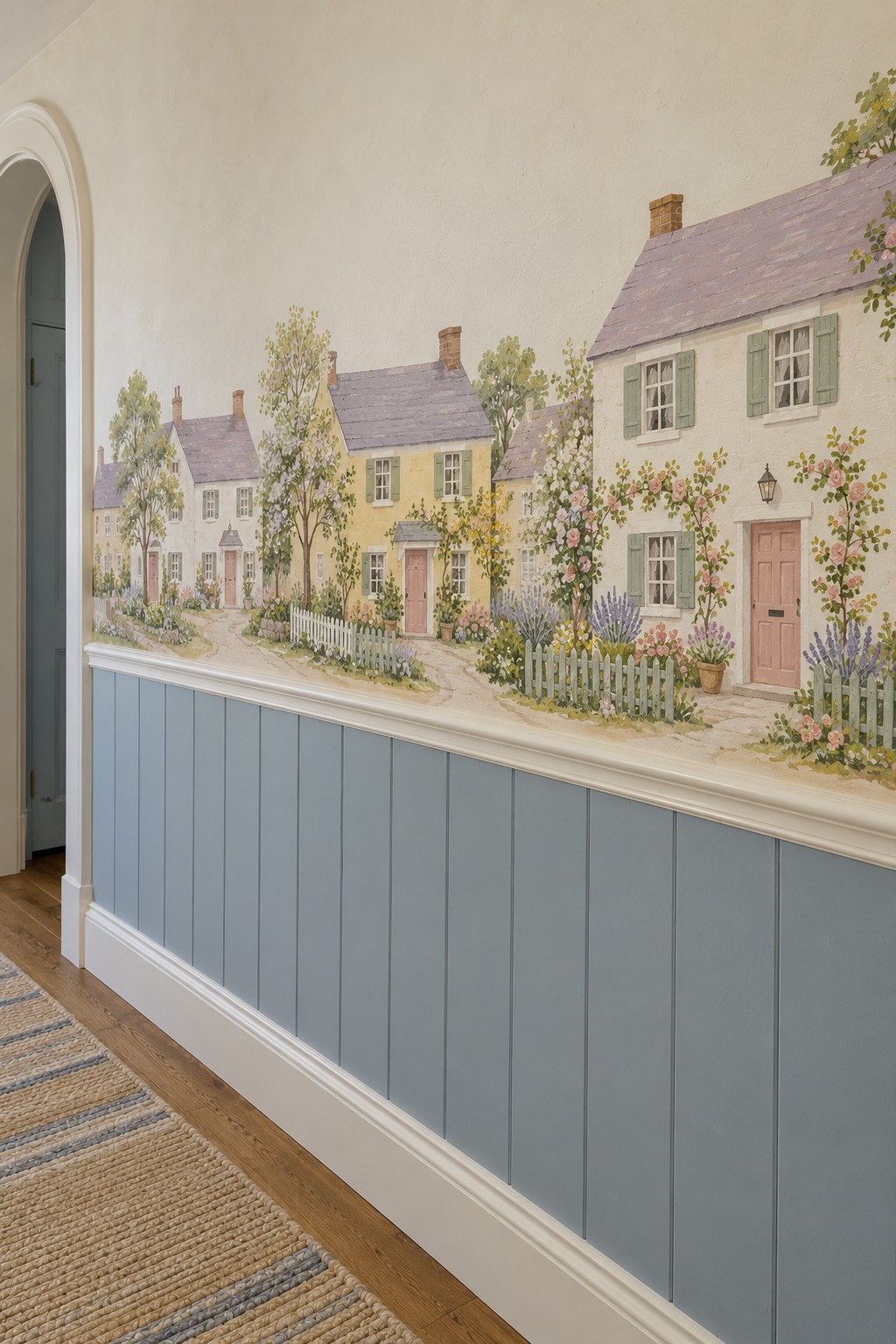 Pastel cottage village mural with gardens and picket fences above blue hallway paneling