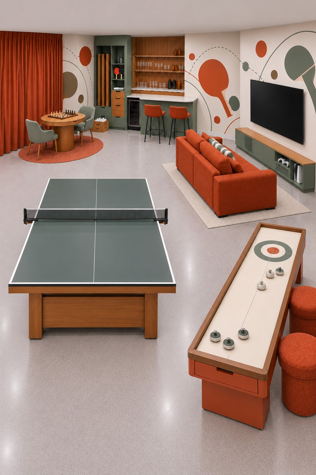 Orange and sage basement with a central table tennis table, tabletop curling, chess corner, orange sofa, and bar