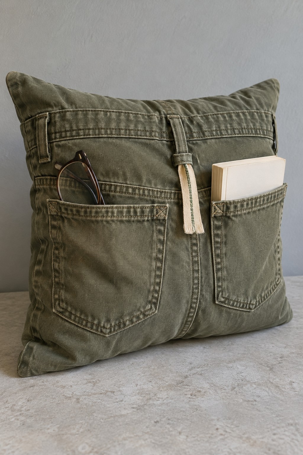 Olive cargo fabric cushion with pockets holding glasses, a book, and a pen