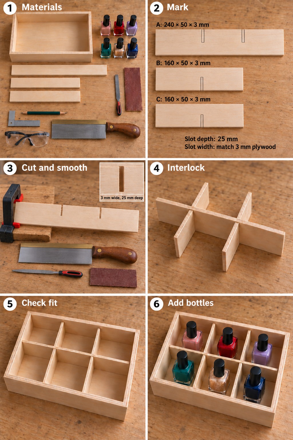 Six stages of making a removable wooden nail polish tray insert, from three plywood strips to a six compartment grid with upright bottles