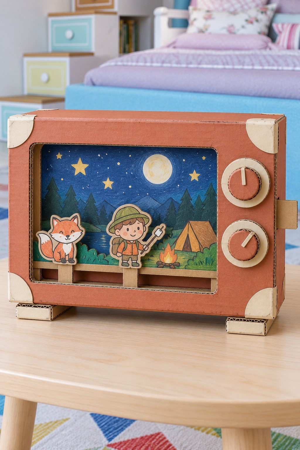Cardboard television puppet theater with a camping backdrop, a fox and a young explorer