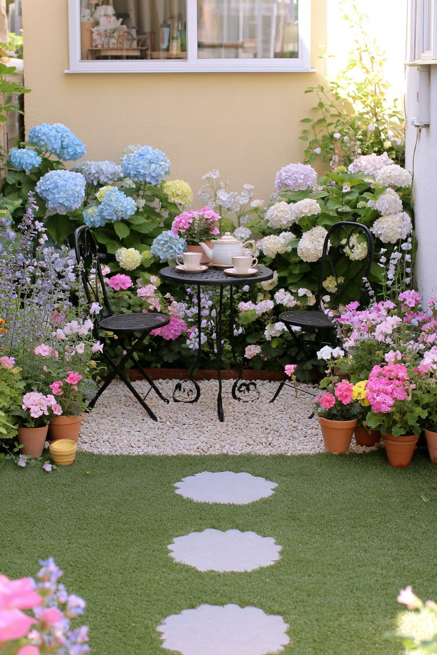 Black bistro table and two chairs framed by blue, white, and pink flower heads