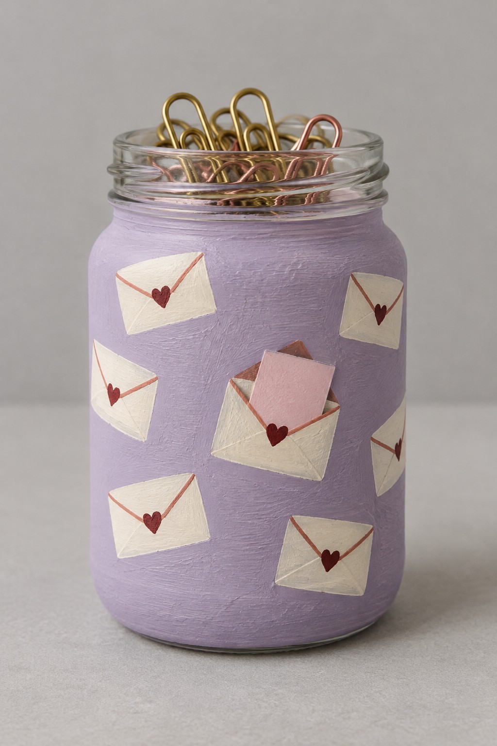 Lavender jar with cream envelopes burgundy heart seals and an open envelope illusion holding paper clips