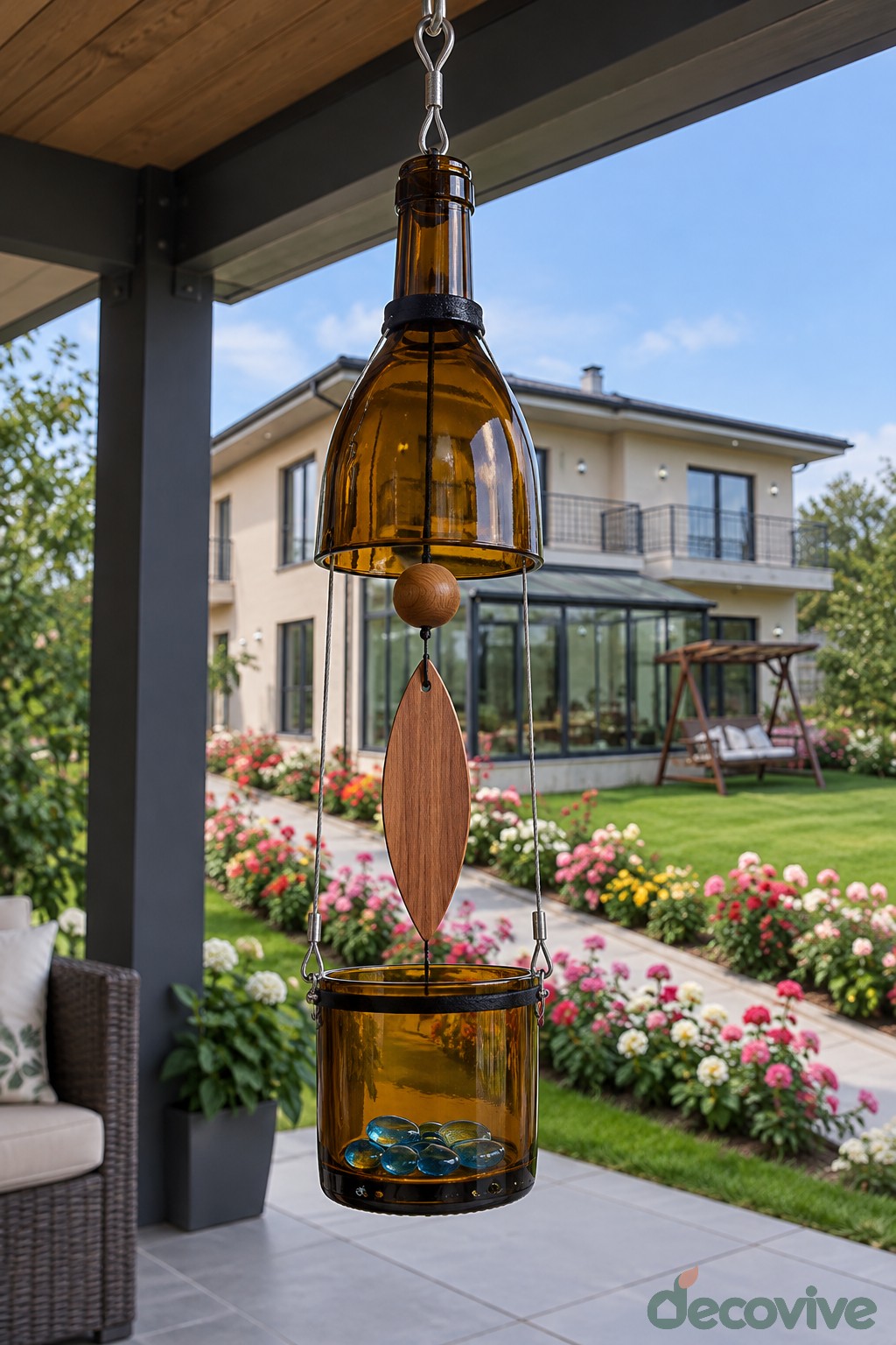 Cut amber wine bottle bell with a suspended wooden clapper and lower glass section