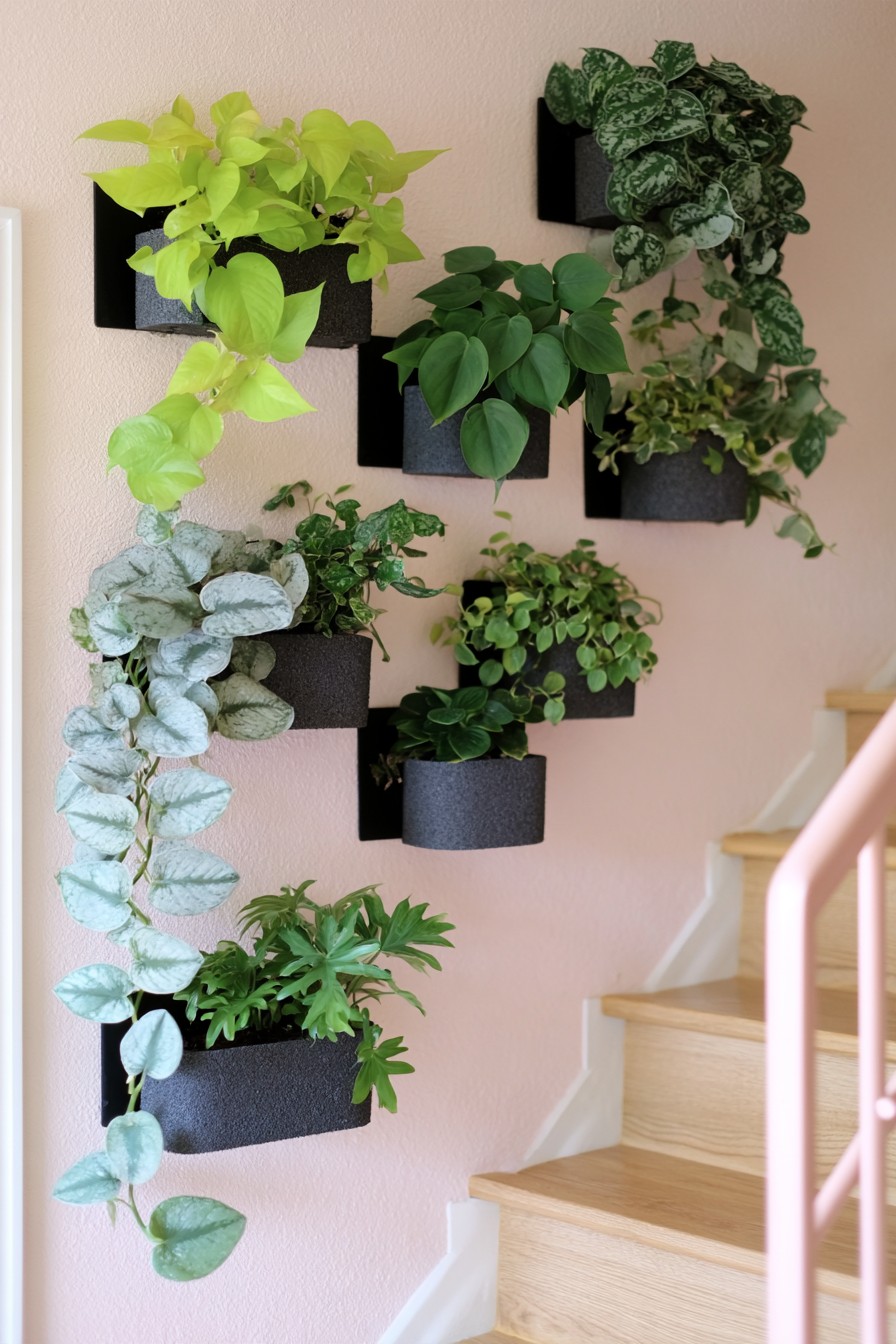 Staggered black wall pots with lime green, dark green, and silver patterned leaves beside pale stairs