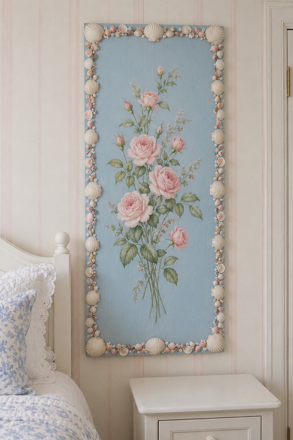 Tall blue floral art panel with pink roses and a border of small shells and pastel beads