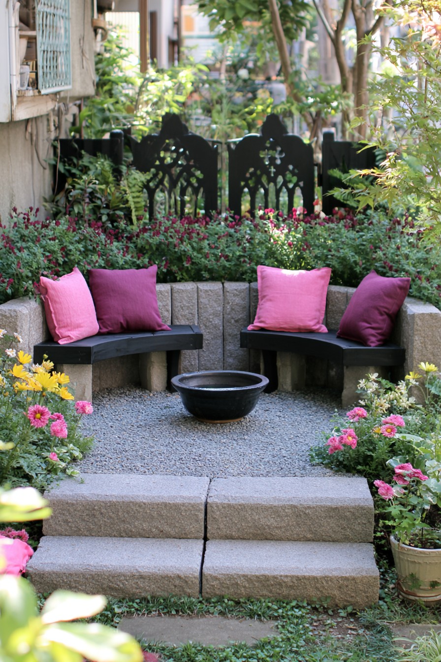 Stone steps leading up to a Gothic seating terrace with pink and plum cushions