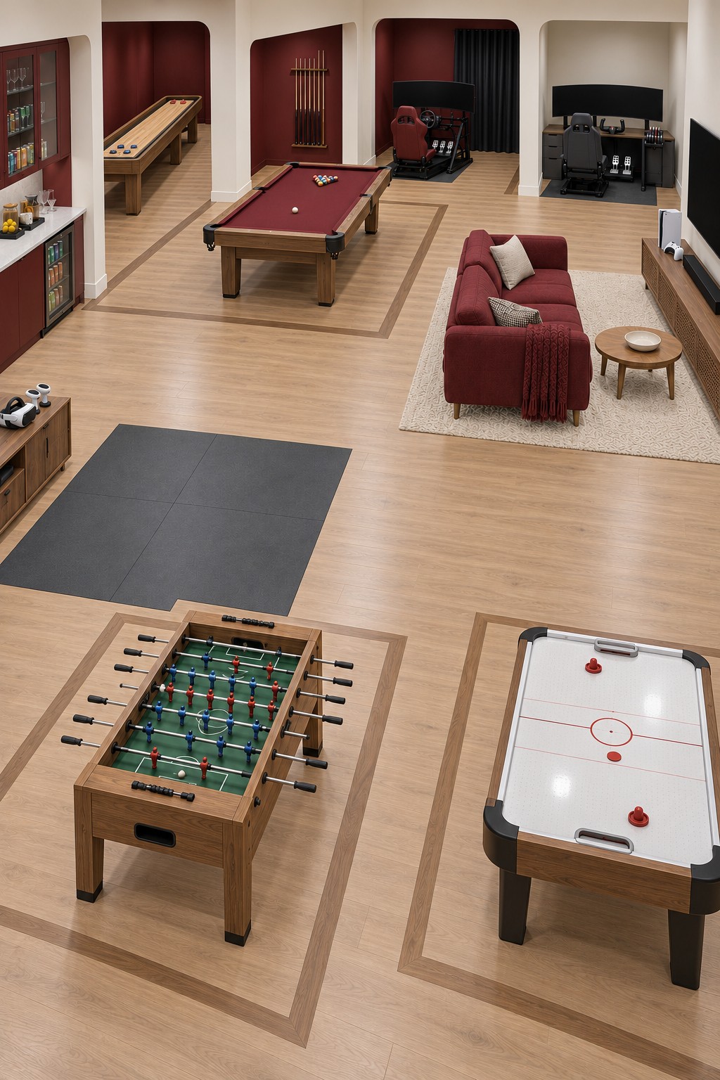 Large basement with burgundy simulator alcoves, pool, shuffleboard, VR space, foosball, air hockey, and a sofa