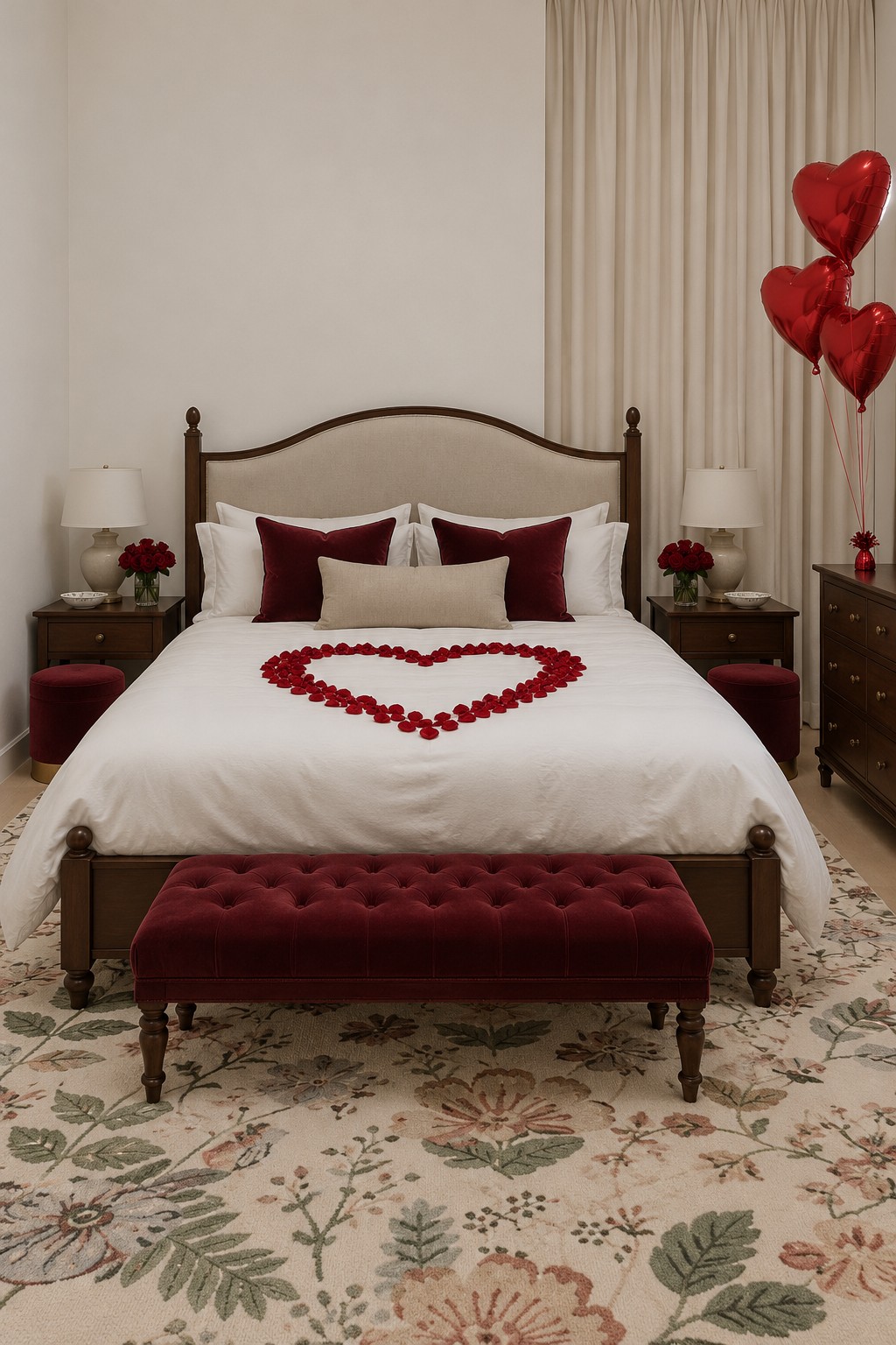 Wooden bed with a cream upholstered headboard, burgundy bench, and a red petal heart on white bedding