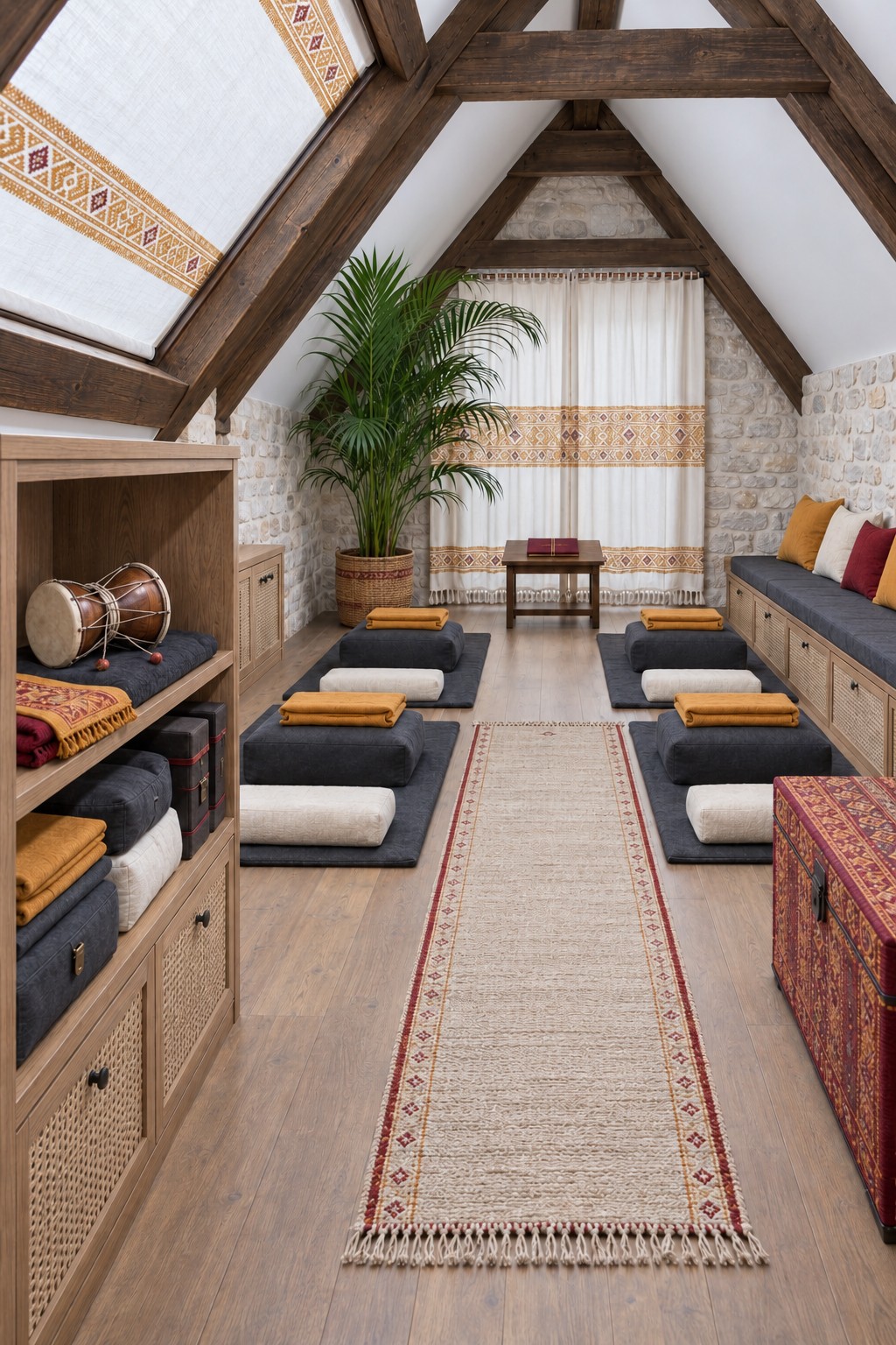 Dark floor cushions with mustard bolsters along a narrow attic aisle beside instrument storage and a wooden bench