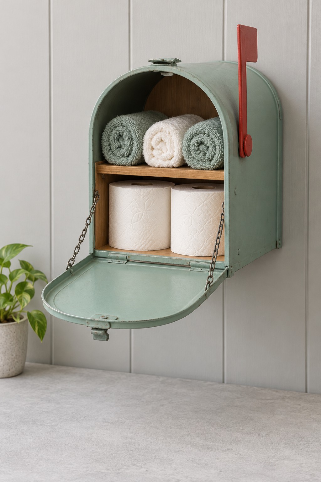 Sage green metal mailbox mounted vertically with its door open to reveal rolled towels and toilet paper on an added wooden shelf