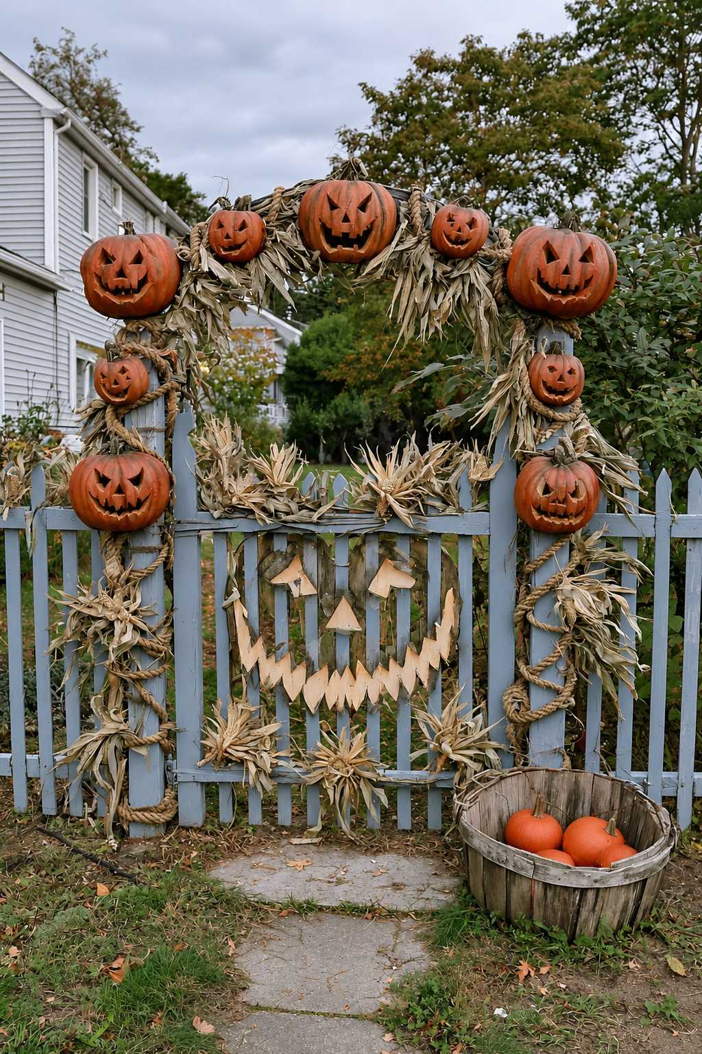 Garden gate under an arch of pumpkin faces and corn husks with rope-wrapped posts and a pumpkin tub