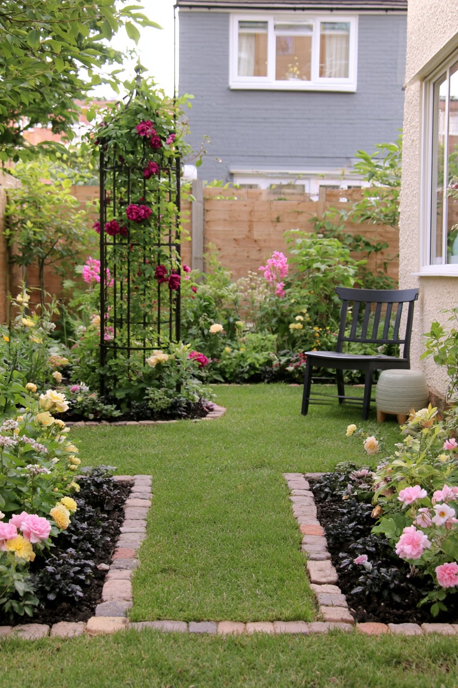 Gothic garden with weathered metal obelisk and climbing roses