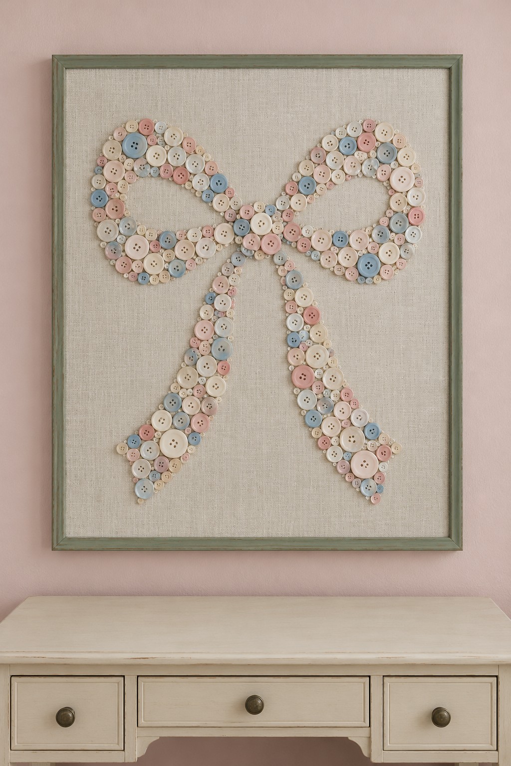 Large bow silhouette made from pastel buttons on natural linen inside a sage green frame