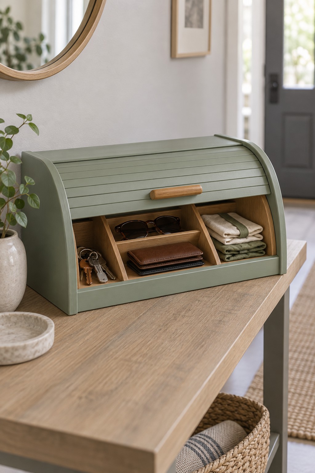 Sage green roll top bread box with wooden dividers holding keys wallets and folded shopping bags on an entryway console