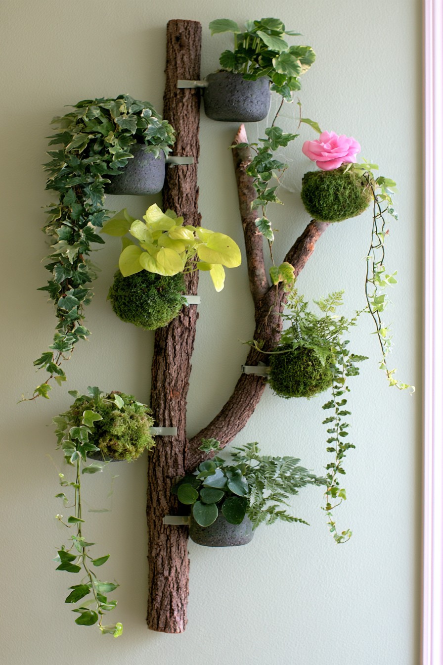Wall mounted upright branches with small gray containers, green wrapped holders, and cascading foliage