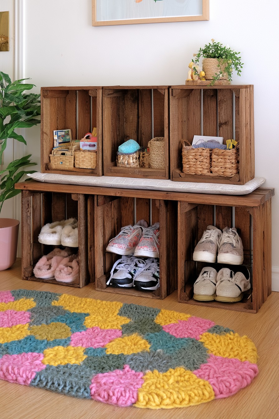 Two rows of wooden crates with shoes below and accessory baskets above a cushion