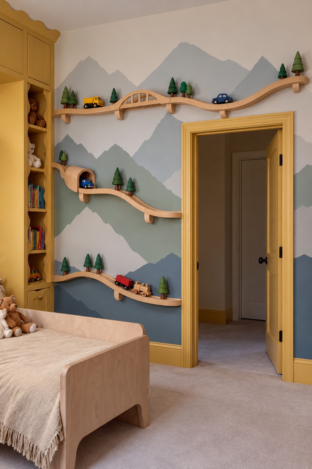Layered blue mountain mural with winding wooden display shelves, miniature trees, and toy vehicles around a doorway