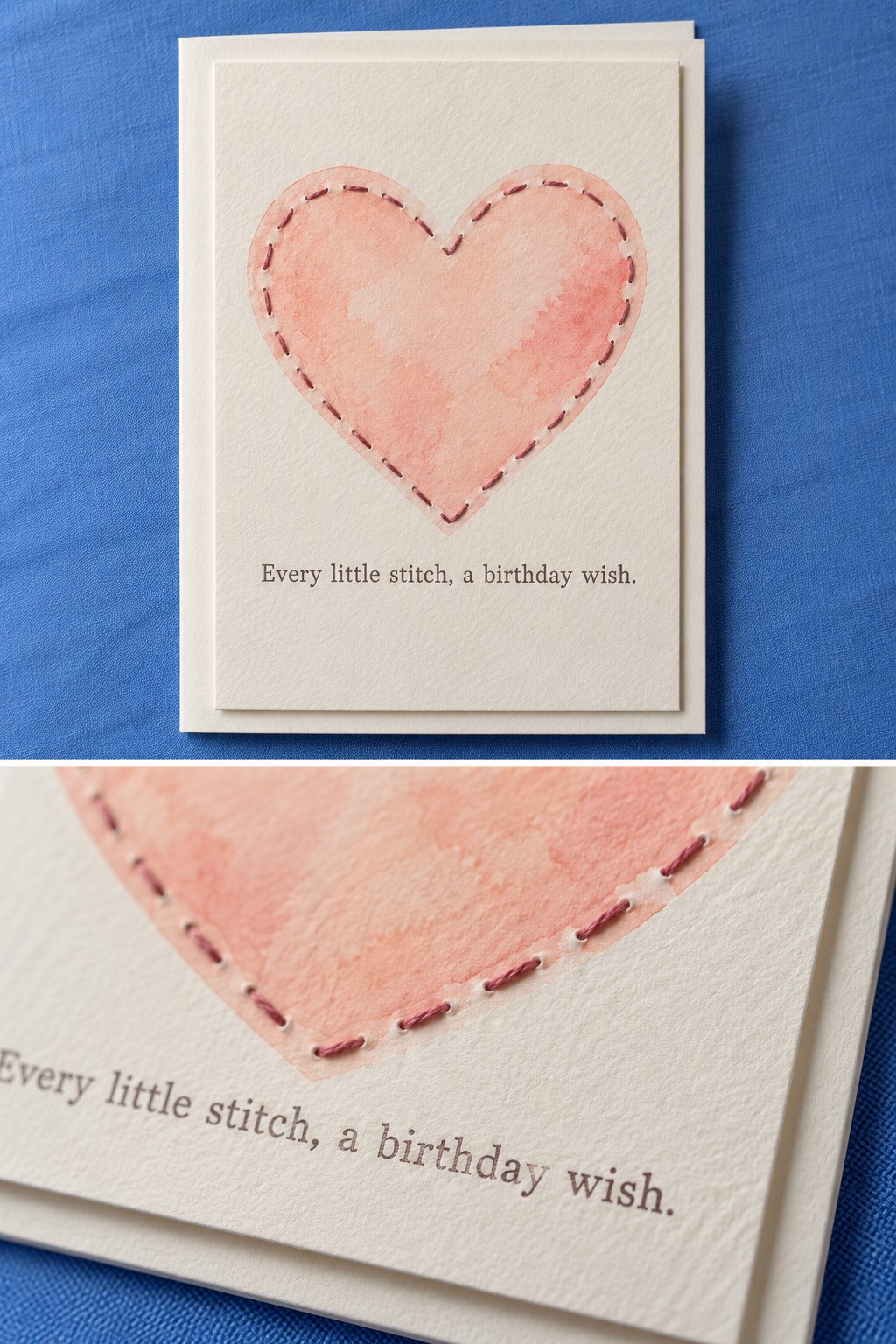 Cream birthday card with a pink watercolor heart outlined in running stitch and a close view of the sewing