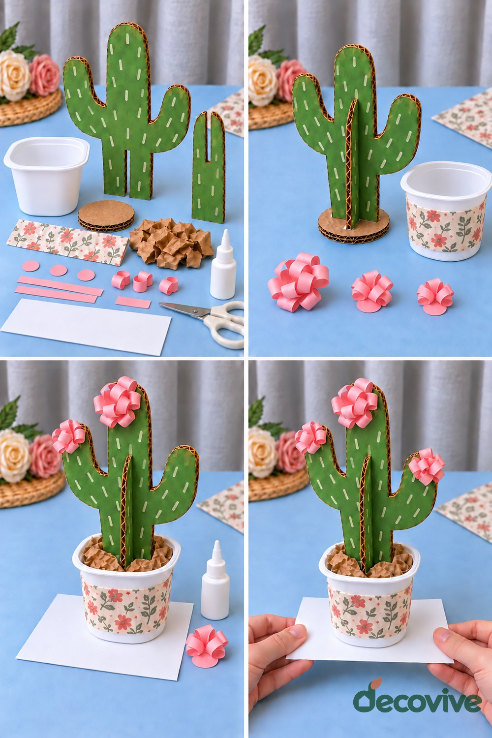 Making sequence for a flowering cardboard cactus in a paper pot