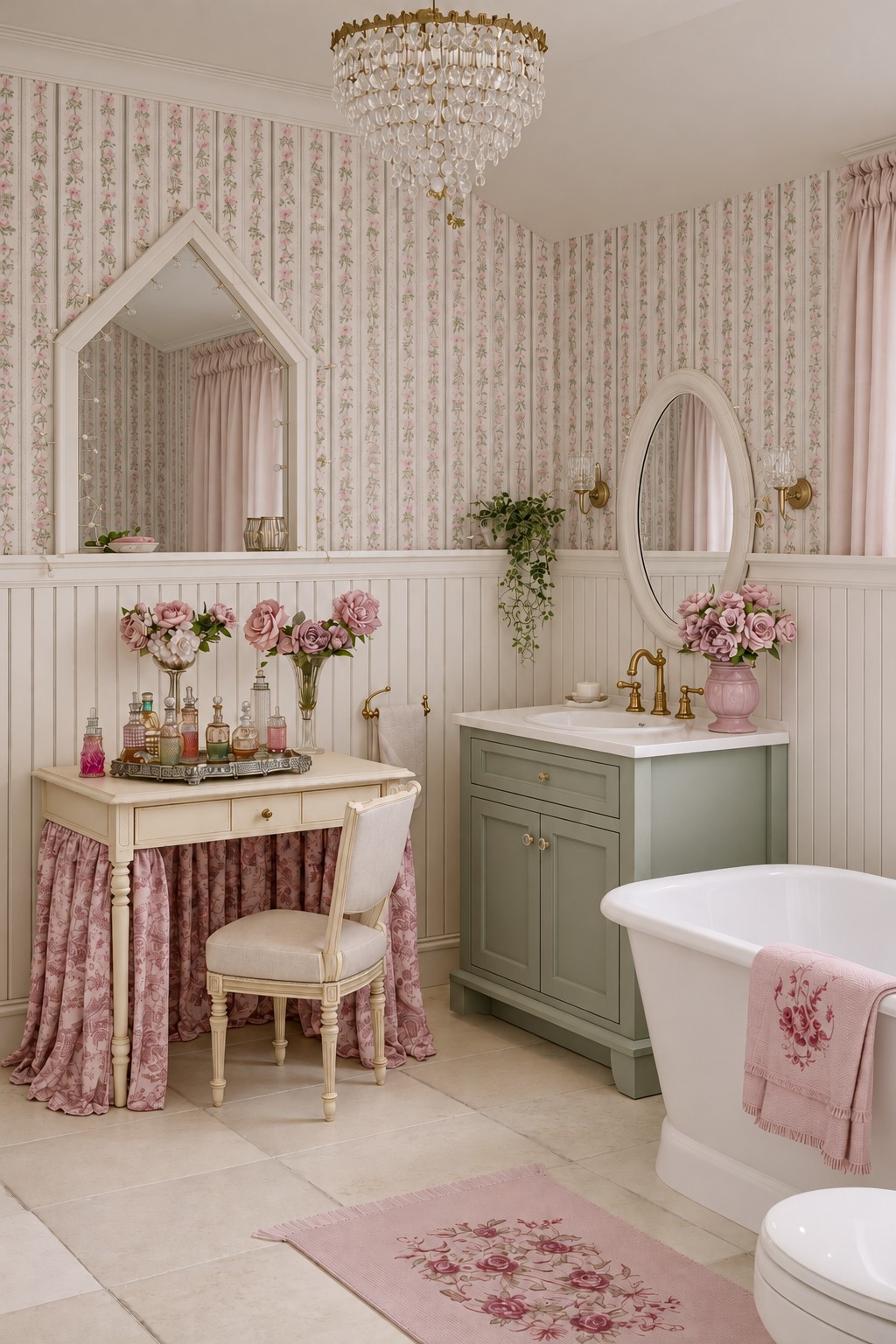 Skirted cream dressing table with a chair beside a sage bathroom vanity and delicate striped floral wallpaper